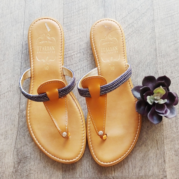 Italian Shoemakers Shoes - Italian Sandals Leather Navy/Tan Flip Flops